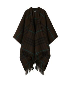 Burberry Fringed Plaid Wrap Poncho in Dark Brown with Teal Windowpane